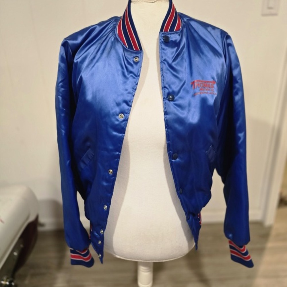 Vintage Snap On Blue Thomas Motors Jacket Size S Satin Snap Front
